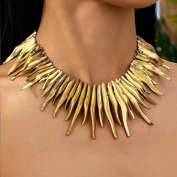 Gold Fringe Statement Choker Tassel Spiked Necklace - Picture 1 of 6